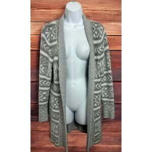 Westport Fuzzy Cardigan Sweater Sz Medium Gray White Fair Isle Long Fit Open